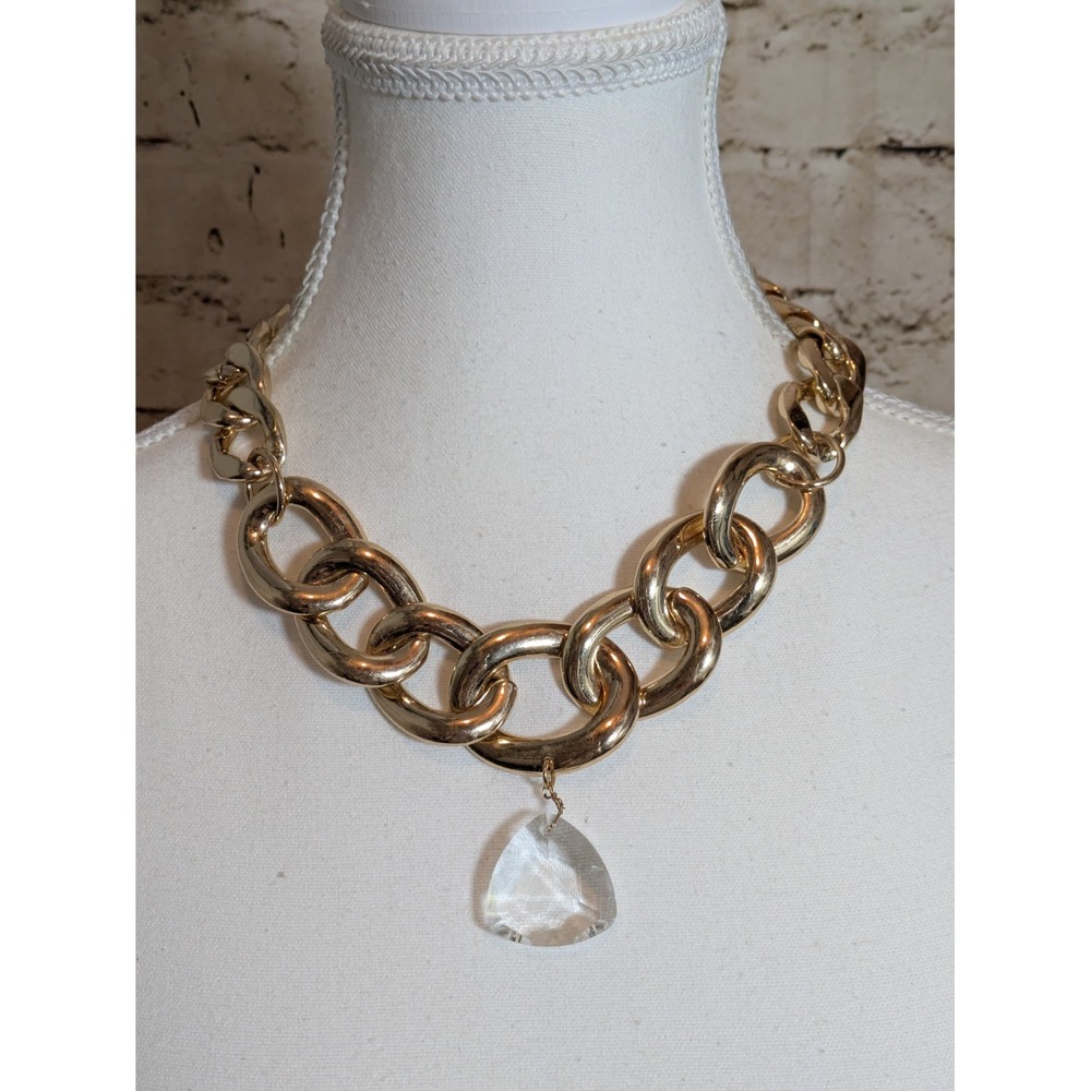 MIKA Chunky Gold Tone Curb Chain Necklace With Teardrop Pendant Statement 16"